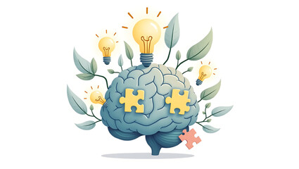 A flourishing brain, illuminated by ideas, solves puzzles, symbolizing growth and intelligence.