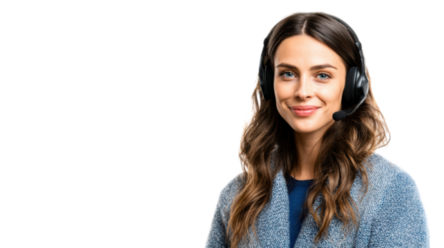 Friendly customer service representative with headset, isolated on a white background.