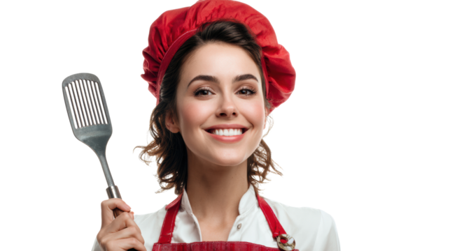 Friendly chef smiling with a spatula, white isolate background