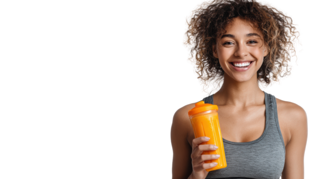 Happy woman holding a shaker bottle with a smile, fitness motivation and healthy lifestyle concept.
