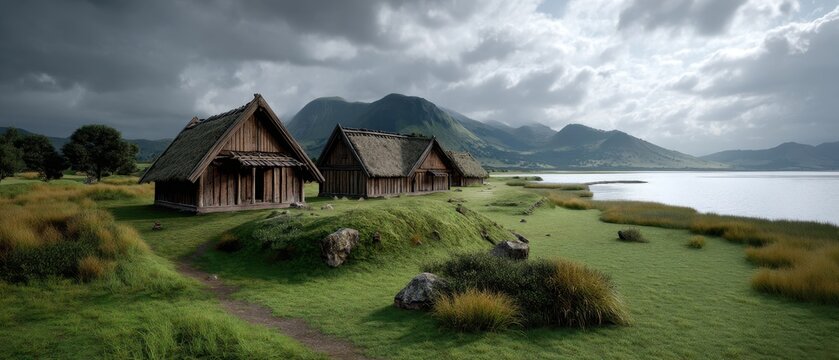 Scenic view of viking hedeby settlement with wooden longhouses by the fjord