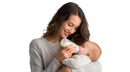 Mother feeding baby with milk bottle, joyful moment, white isolated background.