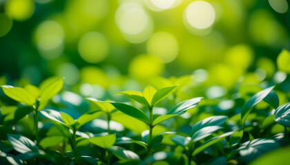 Obraz premium Close-up of lush green foliage bathed in sunlight. Bright, vibrant leaves create a natural, spring-like scene. Soft focus bokeh background.