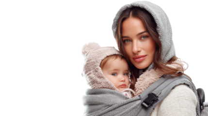 Mother carrying her baby in a cozy carrier, both dressed warmly, creating a nurturing and loving atmosphere.