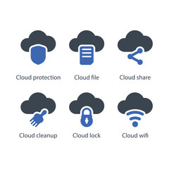 Cloud protection, Cloud file, share, cleanup, lock, wifi, icon