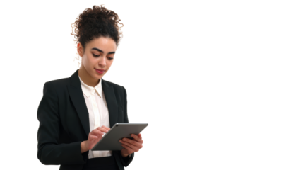 Professional woman in a suit using a tablet with a focused expression.