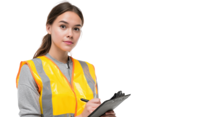 Professional woman in safety vest holding clipboard, isolated on white background.
