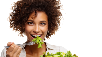 Smiling woman enjoying fresh salad, healthy eating and lifestyle concept.