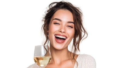 Smiling woman holding a glass of white wine, joyful expression on her face.