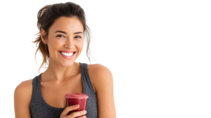 Smiling woman holding a smoothie, enjoying a healthy lifestyle.
