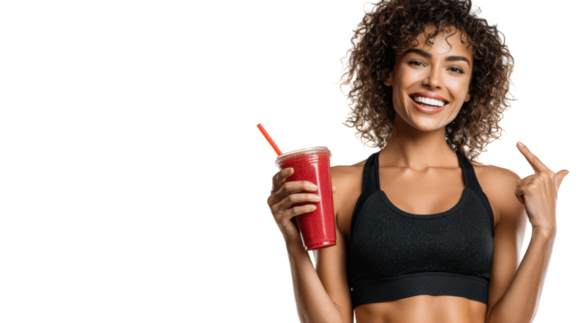 Smiling woman holding a smoothie, promoting health and fitness, white isolate background.