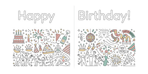 Happy Birthday Doodle Art Party Elements, Festive Crowd, Cake, Pizza on White