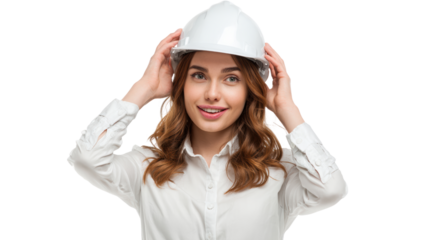 Smiling woman wearing a construction helmet, portrait, professional appearance, white isolate background.