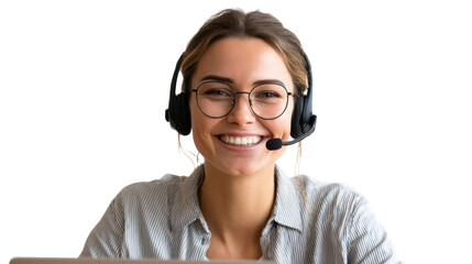 Smiling woman with headset, working on a laptop in a modern office environment, isolated on white background.