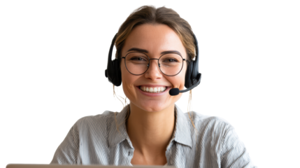 Smiling woman with headset, working on a laptop in a modern office environment, isolated on white background.