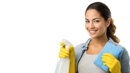 Smiling woman with cleaning supplies, wearing rubber gloves, ready for housekeeping tasks.