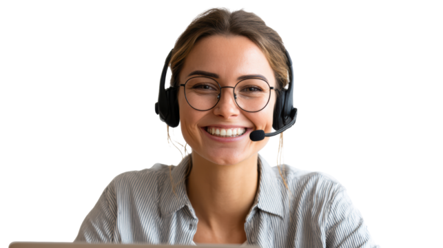 Smiling woman with headset, working on a laptop in a modern office environment, isolated on white background.