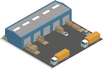 Obraz premium Isometric view of a warehouse with trucks and loading docks in a parking lot area