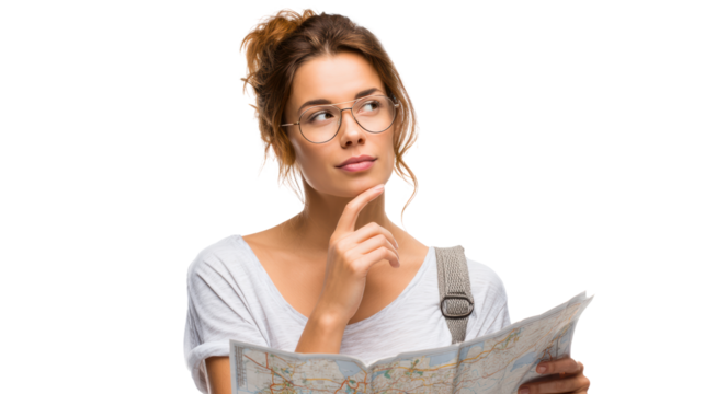 Thoughtful woman exploring a map, isolated on white background.
