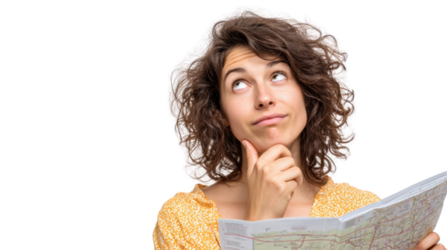 Thoughtful woman looking at a map, pondering her next travel destination, isolated on a white background.
