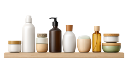 Various eco-friendly skincare products displayed on a wooden shelf, minimalistic and aesthetic design.