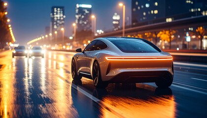 Sleek electric car driving on wet road at night with illuminated by city lights.