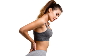 Woman experiencing lower back pain while exercising, dressed in sport attire, isolated on white background.