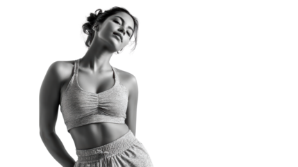 Woman posing gracefully, monochrome aesthetic, stylish activewear, black and white isolated background.
