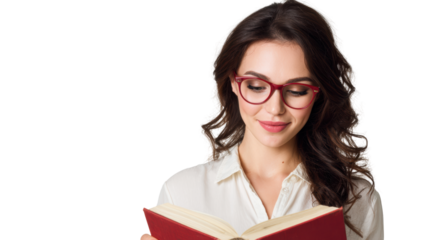 Woman reading a book with glasses, looking engaged and content, isolated on a white background.