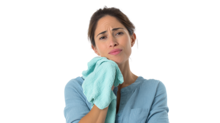Woman with a concerned expression, holding a towel, isolated on a white background.
