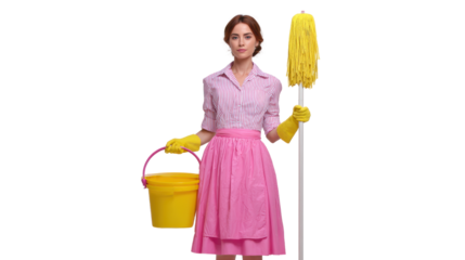 Woman with cleaning supplies, cheerful attitude, isolated background