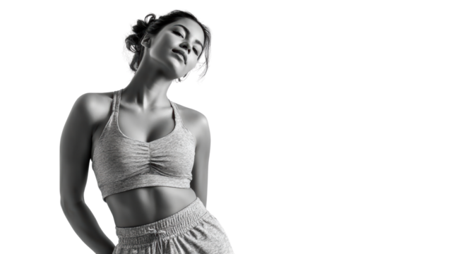 Woman posing gracefully, monochrome aesthetic, stylish activewear, black and white isolated background.