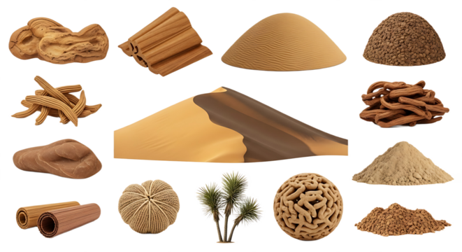Collection of DesertInspired Clay Sand and Wood Forms. PNG Transparent Background