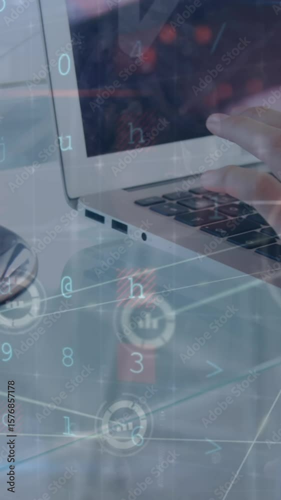 Wall mural animation of cyber security data processing against mid section of woman using laptop at a cafe