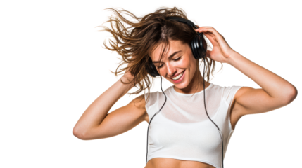 Young woman enjoying music with headphones, smiling and dancing, energetic vibe, isolated on white background.