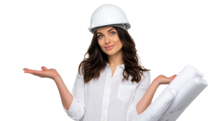 Young woman in a hard hat looking confused, holding blueprints and gesturing with hands, isolated on white background.