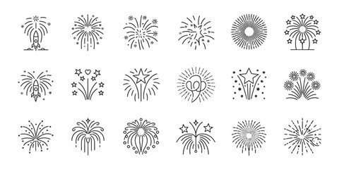 Obraz premium Line Drawing Fireworks Icons Isolated on White Background, Pyrotechnics, Starbursts