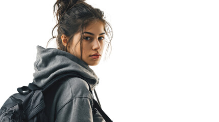 Young woman in a hoodie with a backpack, looking back with a thoughtful expression.