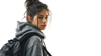 Young woman in a hoodie with a backpack, looking back with a thoughtful expression.