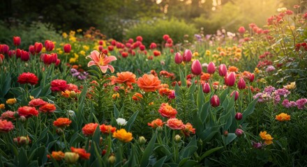 Fototapeta premium Vibrant Flower Garden at Sunset