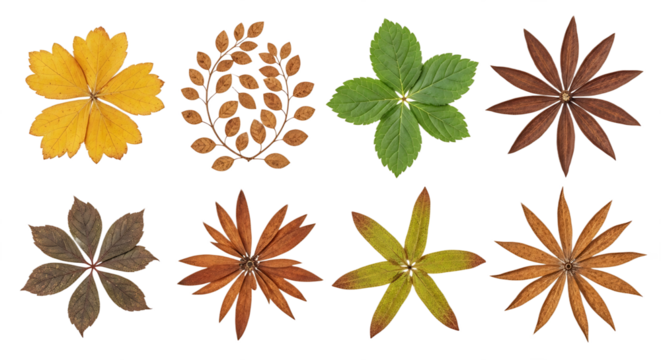 Collection of Pressed and Dried Autumn Leaves Arranged in Floral Patterns. PNG Transparent Background