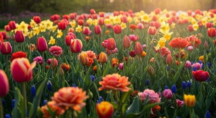 Fototapeta premium Vibrant Colorful Tulip And Daffodil Garden In Sunset Sunlight