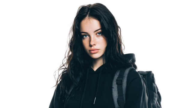 Young woman wearing a black hoodie with a backpack, standing confidently on a white isolated background. - Powered by Adobe