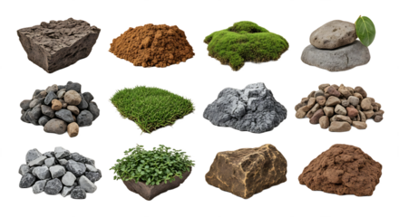 Dark Brown Textured Angular Rock Formation Isolated on White Background. PNG Transparent Background