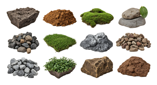 Dark Brown Textured Angular Rock Formation Isolated on White Background. PNG Transparent Background
