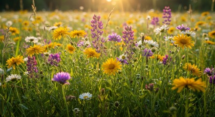 Fototapeta premium Vibrant Wildflower Meadow in Summer Sunlight
