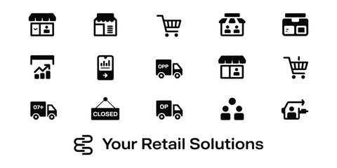 Retail Icon Set With Online Store, Shopping Cart, Delivery Truck, Closed Sign