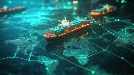 Obraz premium Global Trade and Logistics Network: Container Ship on Digital World Map
