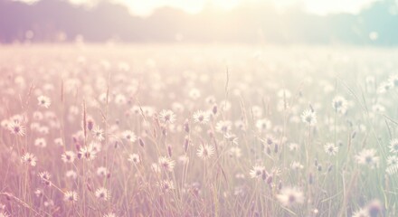 Naklejka premium Pastel Pink And White Wildflower Field At Sunset
