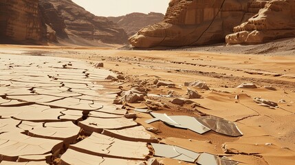 Desolate Martian Riverbed with Shattered Mirrors Reflecting Ancient Waterway
